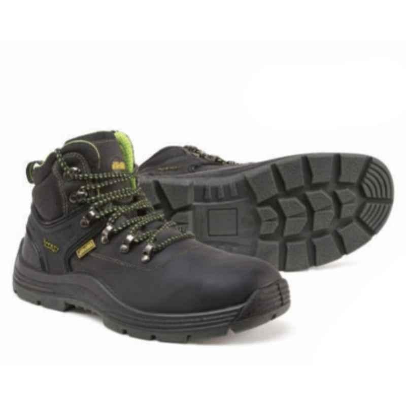 Jama Aspen Genuine Leather Double Density PU High Ankle Crazy Horse Black Safety Shoes, JB-117, Size: 8