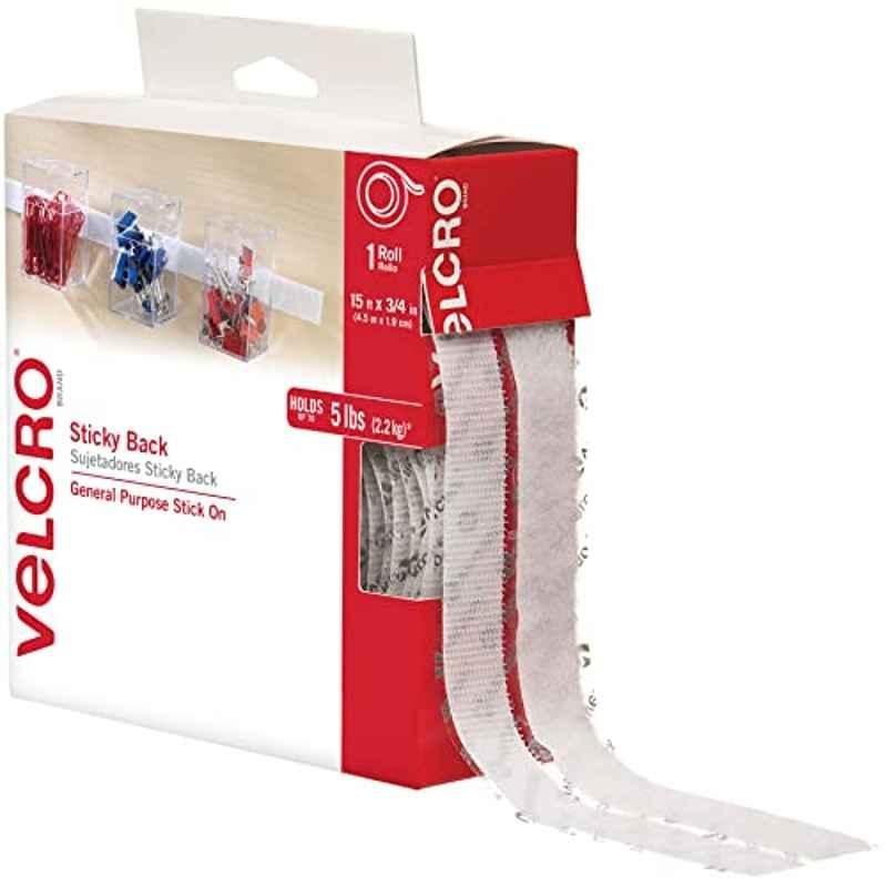 Velcro 15ft 3/4 inch Plastic White Sticky Back Hook and Loop Fasteners Tape, 90277B