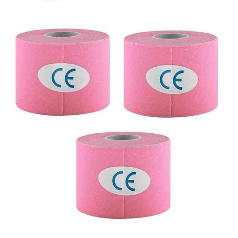 Spanco 3 Pcs 5mx5cm Pink Nylon Fabric Kinesiology Tape Set