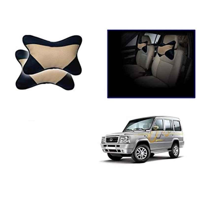 Kozdiko 2 Pcs Beige & Black Car Neck Rest Cushion Pillow Set for Tata Sumo