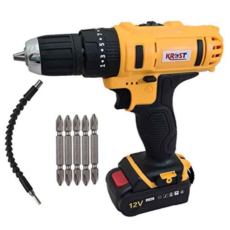 Krost Cordless Hammer Drill/Screwdriver,12V Dual Speed Keyless Chuck With 2 Batteries, Led Torch Variable Speed And Torque Setting (25+1). (Cordless 12V Drill Machine + Accessories.)