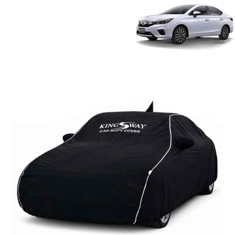 Kingsway Super Waterproof All Weather Protection Polypropylene Black Car Cover for Honda City 2020 to 2022 with Silver Piping, Mirror & Antenna Pockets