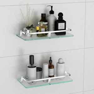 Plantex Frosted Glass Shelf for Bathroom/Kitchen Shelf for Wall/Living Room Wall Storage Shelf with Chrome Finish Brass Railings & Brackets 12x6 inch (Pack of 2)