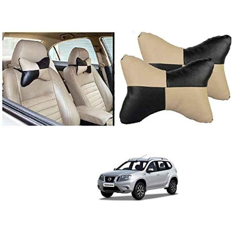 Kozdiko 2 Pcs Black & Beige Car Square Chess Design Neck Rest Seat Pillow Set for Nissan Terrano