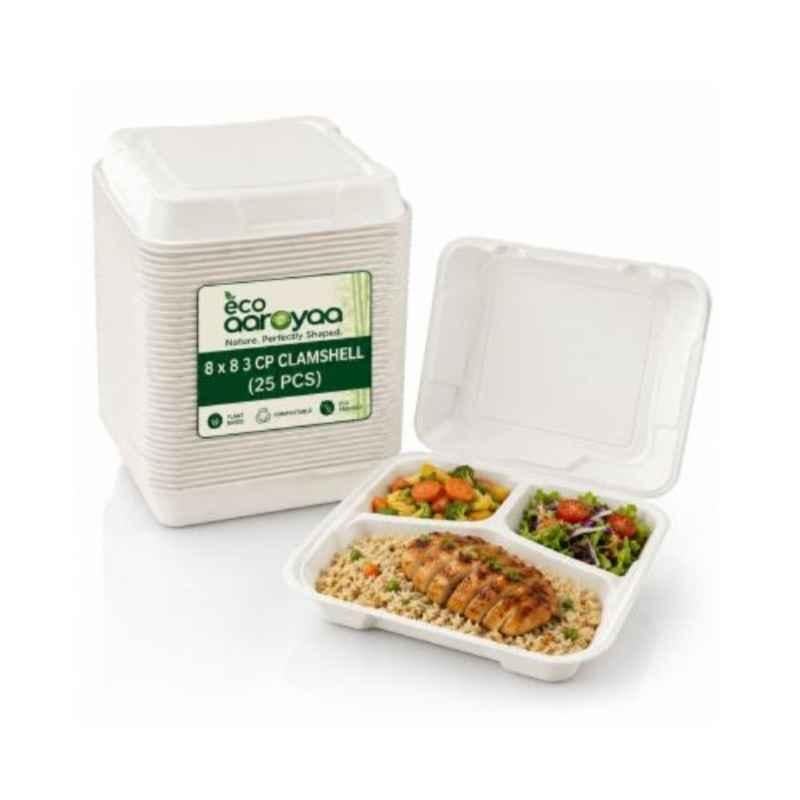 Eco Aaroyaa 8x8 inch Bagasse Clamshell with 3 Compartment (Pack of 25)