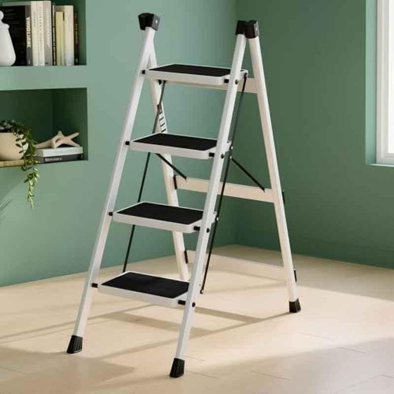 Plantex 150kg 4 Steps Galvanized Steel White Foldable Ladder for Home Use
