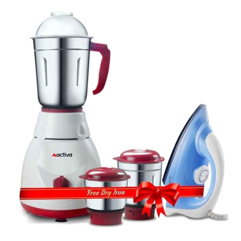Activa Pluto 500W Plastic White & Maroon Mixer Grinder with 3 Jars & Coral 900W Dry Iron Combo & 2 Years Warranty