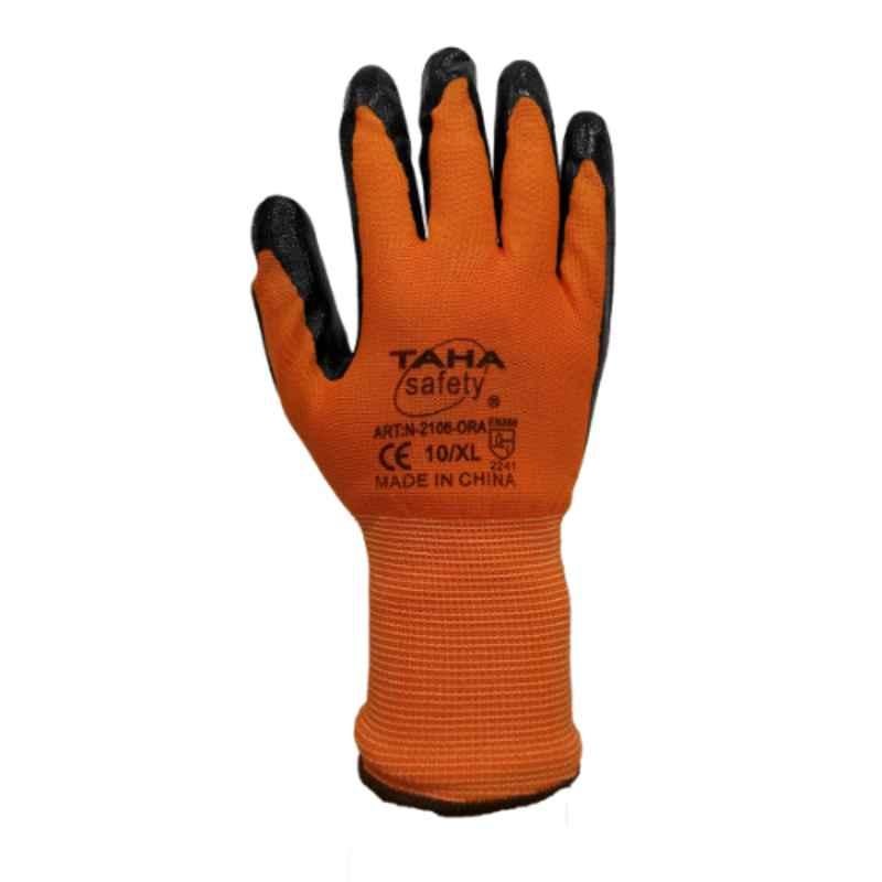 Taha Safety Polyester & Nitrile Orange Gloves, N2106, Size:XL