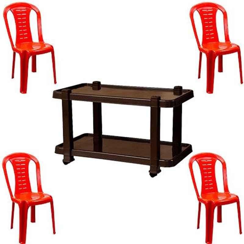 Italica 4 Pcs Polypropylene Red Without Arm Chair & Nut Brown Table with Wheels Set, 9312-4/9509