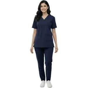 Design My Dress Bharat Polyester & Viscose Navy Blue V Neck Scrub Suit for Women, Size: XS, 1041