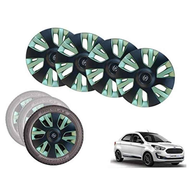 Auto Pearl 14 inch ABS Black & Green Car Hubcap Wheel Cover with Retention Ring Set for Figo Aspire 2019