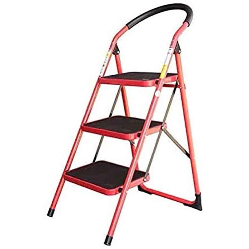 Hawk King Alloy Steel 3 Steps Red Folding Ladder, LC-FLS03-01