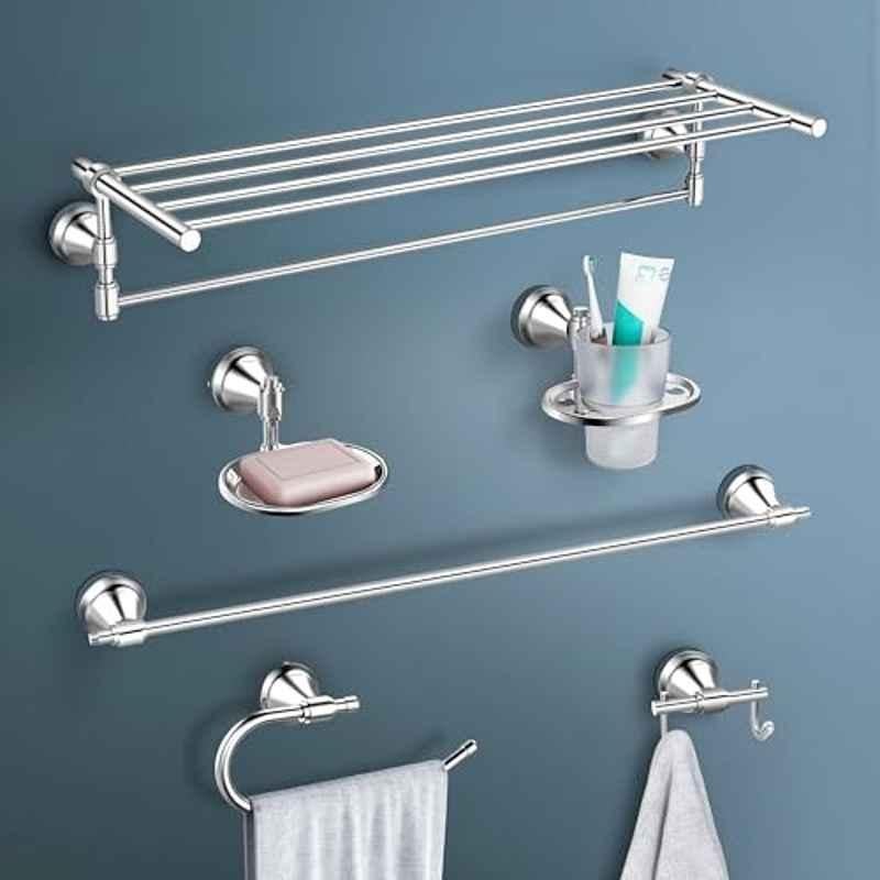 Plantex Stainless Steel Folding Towel Rack with Stainless Steel 304 Grade Niko Bathroom Accessories Set 5 Pcs Towel Rod/Napkin Ring/Tumbler Holder/Soap Dish/Robe Hook