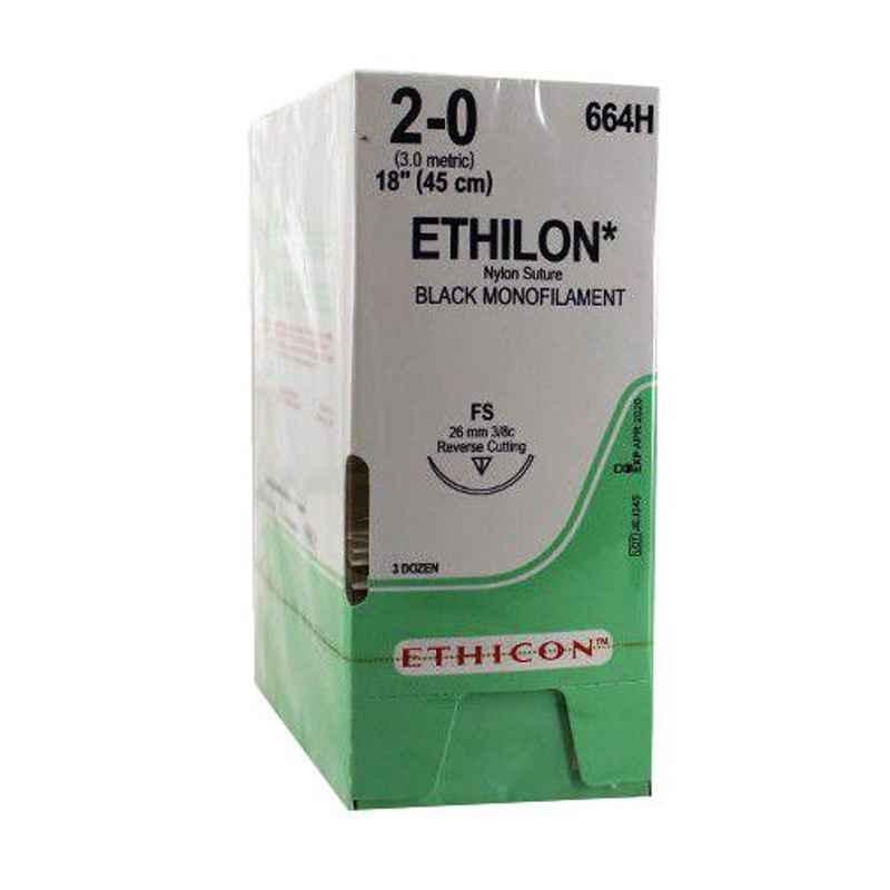 Ethicon NW3708 Ethilon 8-0 Black 6mm Monofilament Round Body Micro-Point Suture, Size: 38cm (Pack of 12)