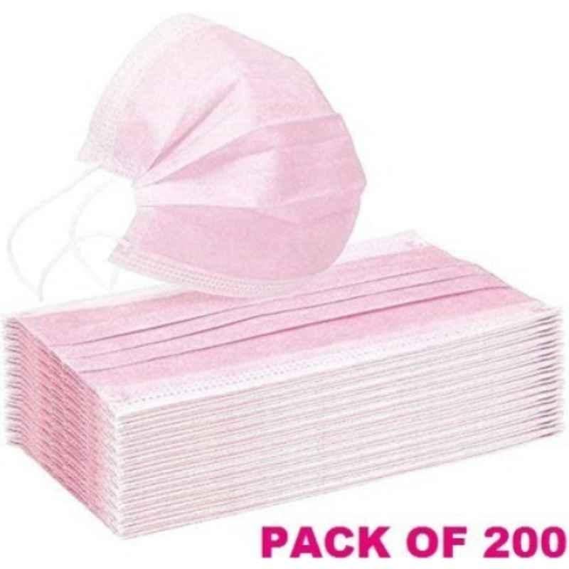 Wellstar 3 Layer Water Resistant Disposable Pink Surgical Face Mask with Elastic Ear Loop & Nose Clip, COURFUL MASK-85 (Pack of 200)