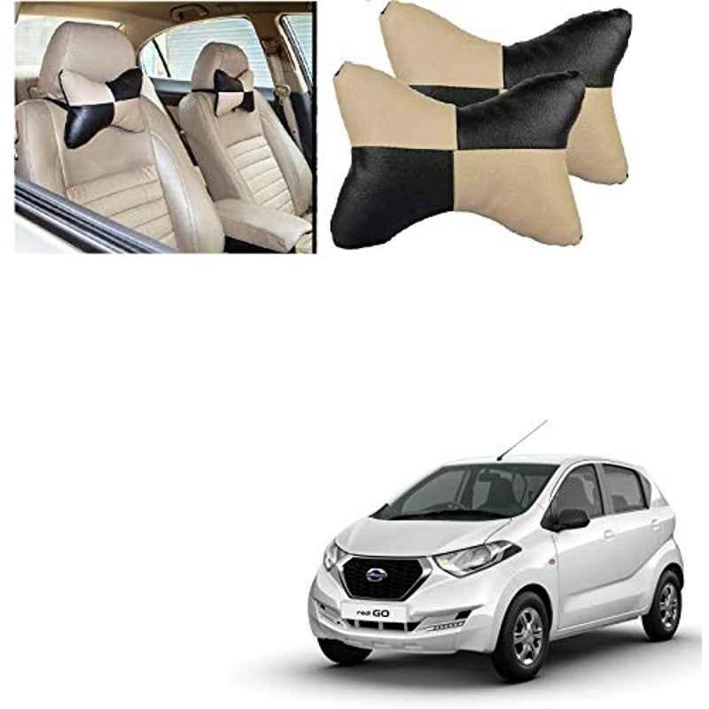 Kozdiko 2 Pcs Black & Beige Square Chess Design Car Neck Rest Pillow Set for Datsun Redi Go