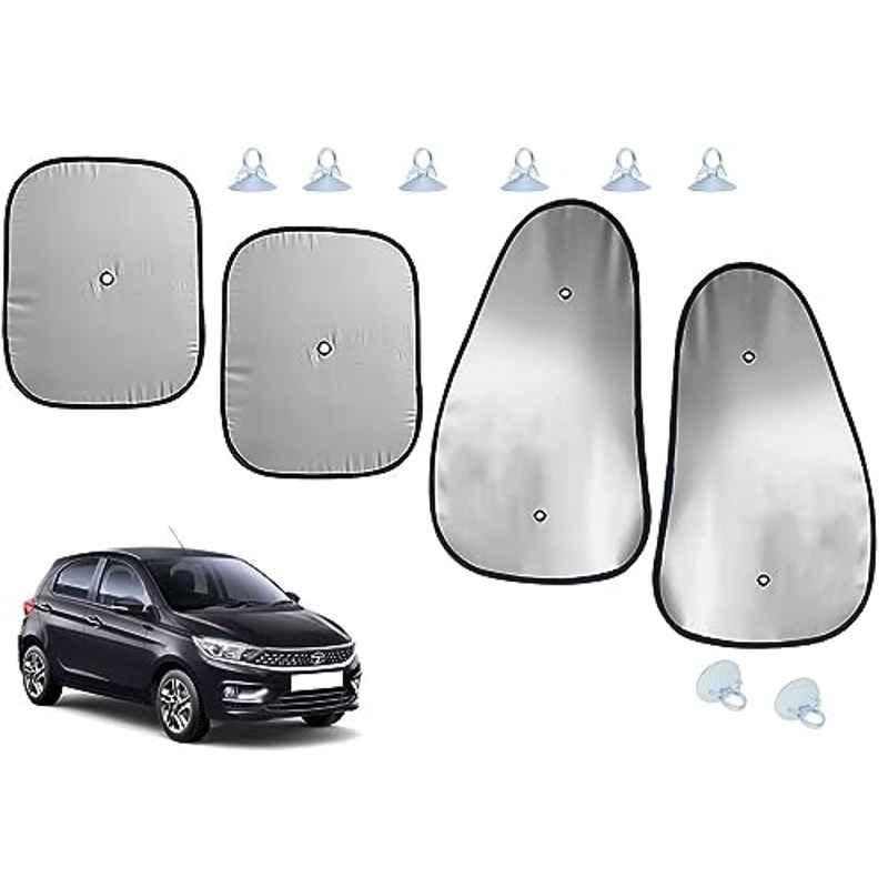 Auto Pearl 4 Pcs Polyester Black & Silver Window Side Sun Shade Set for Tata Tiago 2020 XB, XE & XM