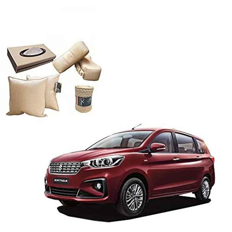 Kozdiko 2 Pcs Cushion Pillow, 2 Pcs Neck Rest, Tissue Box & Steering Car Beige Cover Combo for Maruti Suzuki Ertiga Nov 2018-Present
