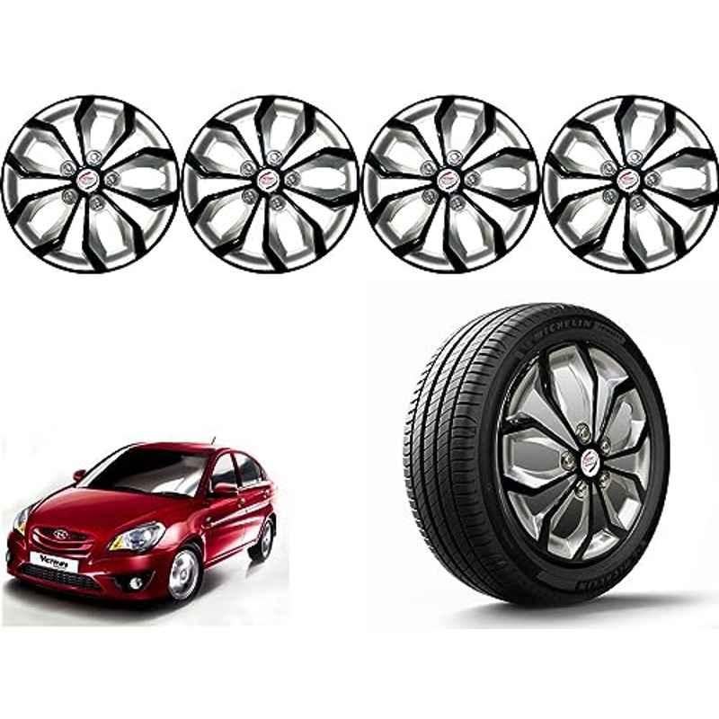 Auto Pearl 4 Pcs 14 inch Polypropylene Black & Silver Press Type Car Wheel Cover Set with Retention Ring for Hyundai Verna Transform Type 2 2011, 14WC_Pearl_Rev_VernaTranfmT2_2011