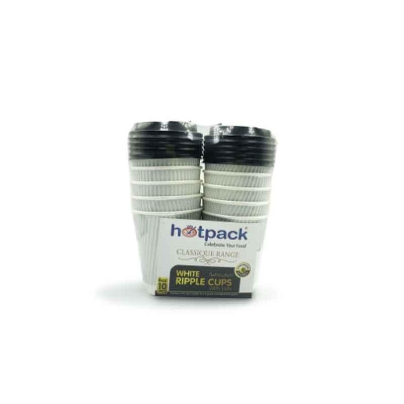 Hotpack 10Pcs 8Oz Paper Ripple Cup with Black Lid Set, HSMPCRW8W