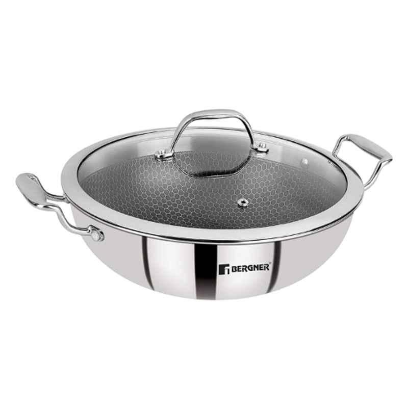 Bergner Hitech Prism 24cm 2.5L Silver Non Stick Stainless Steel Kadhai with Glass Lid, BG-31152-MM