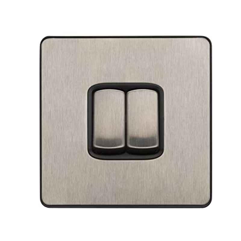 Legrand Synergy 10A 2 Gang 1 Pole 2 Way Stainless Steel Brushed Steel Plate Switch, 832002