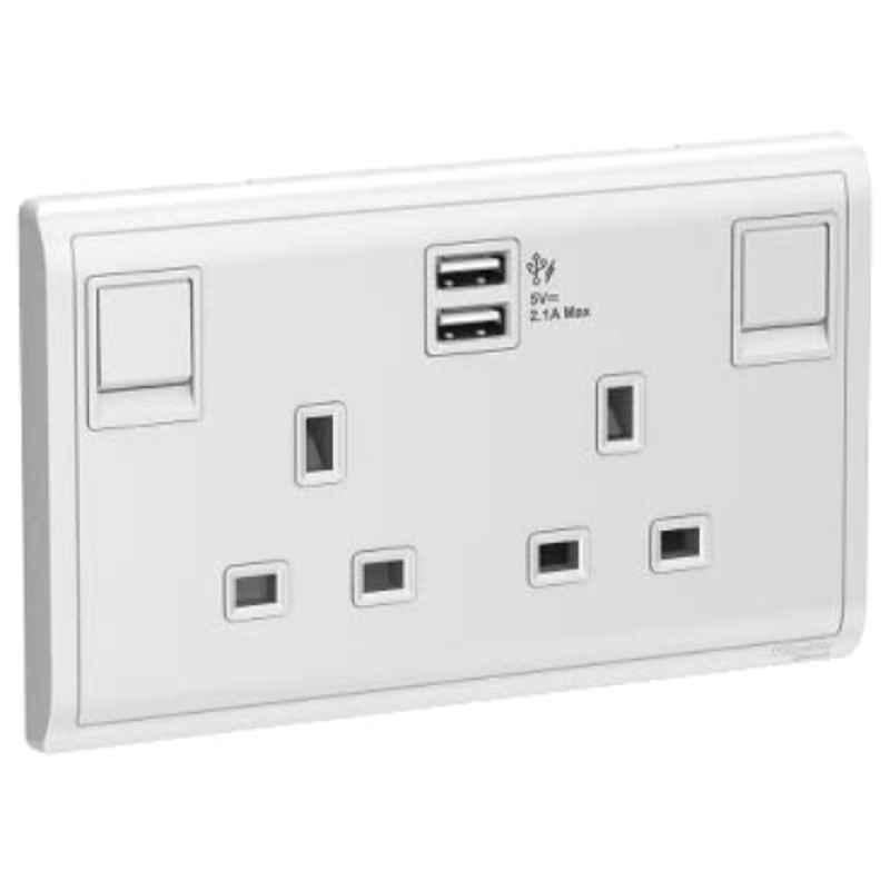 Schneider Pieno 13A 250V White Twin Gang Switched Socket with 2.1A USB, E82T25USB-WE-G12