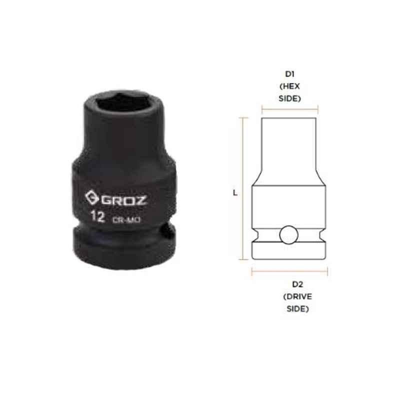 Groz 22mm 1/2 inch Drive Hex Impact Socket, ISKT/H/1-2/22