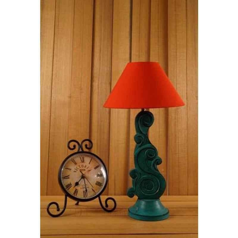 Tucasa Mango Wood Mistique Green Carving Table Lamp with 10 inch Polycotton Light Orange Pyramid Shade, WL-46