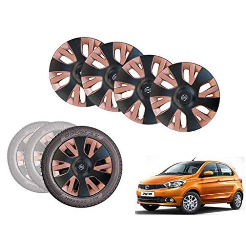 Auto Pearl 4 Pcs 14 inch Black & Copper ABS Press Type Hubcap Wheel Cover Set with Retention Ring for Tata Zica