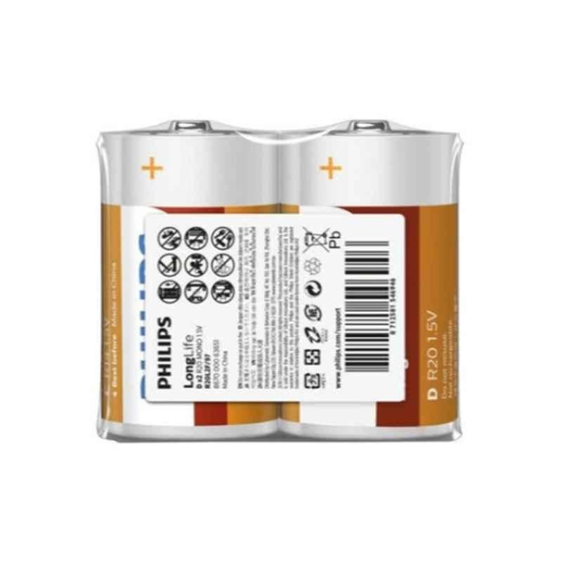 Philips LongLife 2Pcs 1.5V D White, Red & Orange Zinc Chloride Battery Set, R20L2F/97