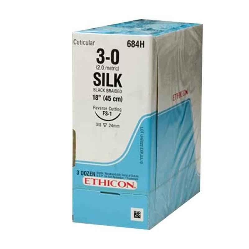 Ethicon SW212 3-0 Sutupak Black Braided Silk Sterile Suture, Size: 2x75 cm (Pack of 12)