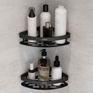 Plantex Self Adhesive Corner Shelf for Bathroom Wall/Aluminium & Stainless Steel Corner Shelf/Storage Organizer/Bathroom Accessories Set (Pack of 2) 8x8 inch, Black