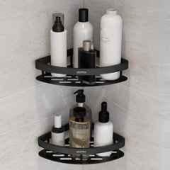 Plantex Self Adhesive Corner Shelf for Bathroom Wall/Aluminium & Stainless Steel Corner Shelf/Storage Organizer/Bathroom Accessories Set (Pack of 2) 8x8 inch, Black