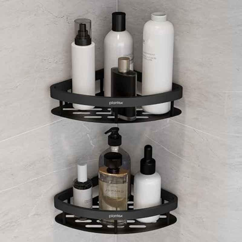 Plantex Self Adhesive Corner Shelf for Bathroom Wall/Aluminium & Stainless Steel Corner Shelf/Storage Organizer/Bathroom Accessories Set (Pack of 2) 8x8 inch, Black