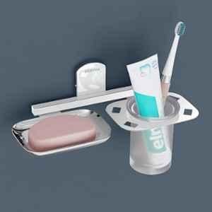 Plantex 304 Grade Stainless Steel 2-in-1 Soap Dish with Glass Tumbler Holder/Soap Stand/Tooth Brush Holder for Bathroom/Bathroom Accessories (Chrome)