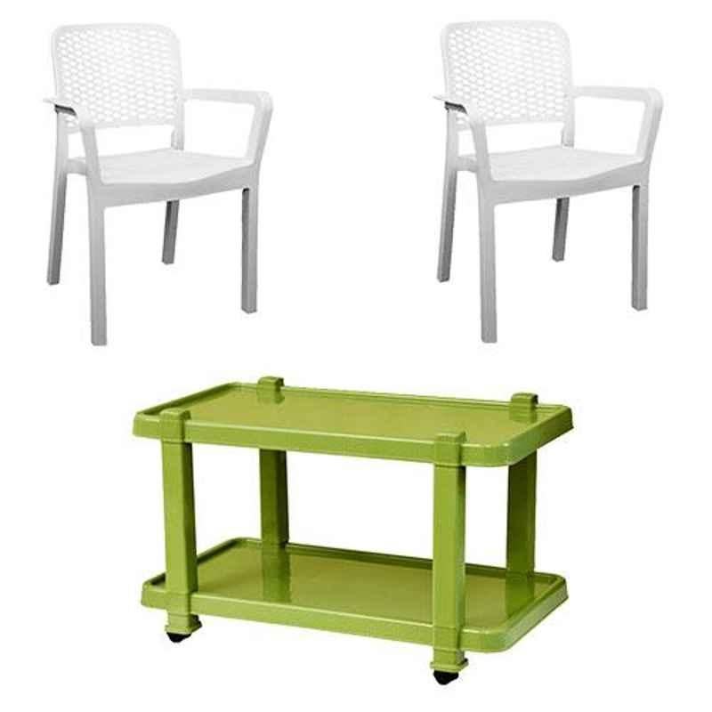 Italica 2 Pcs Polypropylene White Luxury Arm Chair & Green Table with Wheels Set, 3018-2/9509