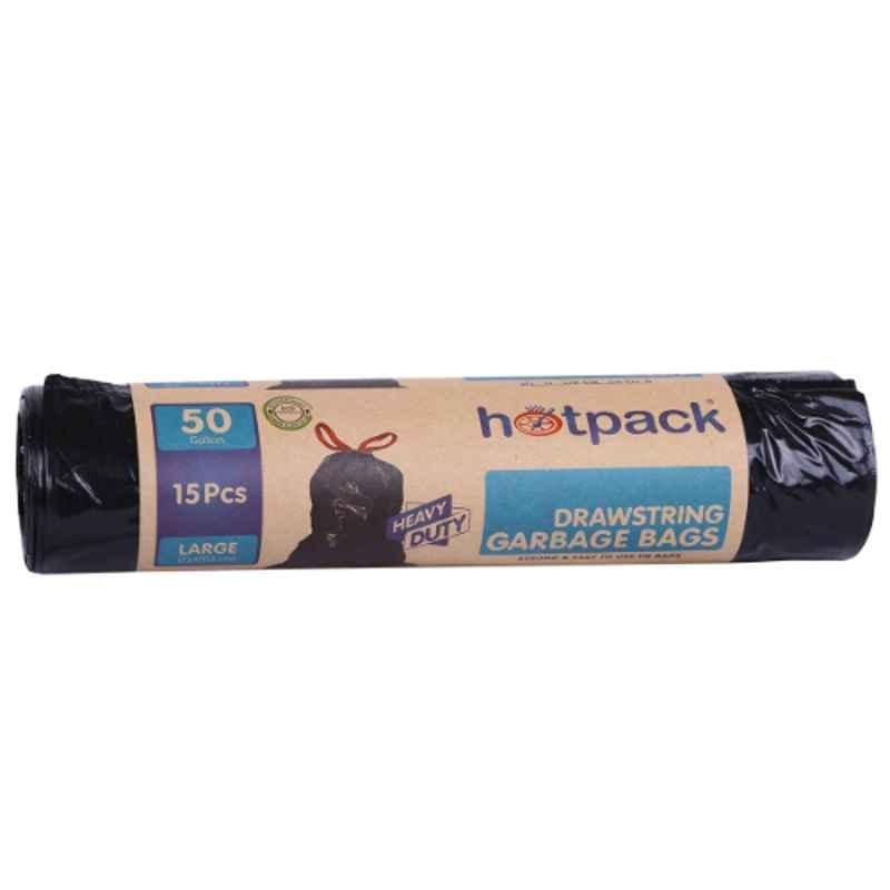 Hotpack 15Pcs 50 Gallon Heavy Duty Drawstring Garbage Bag Roll Set, HSMTBBR75103