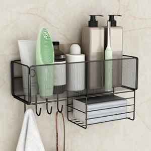 Plantex Self Adhesive Bathroom Shelf/Bathroom Organiser without Drill/Hanging Rack for Kitchen Storage/Modern Shower Bin for Office/Dining Room/Multipurpose Rack (Black)