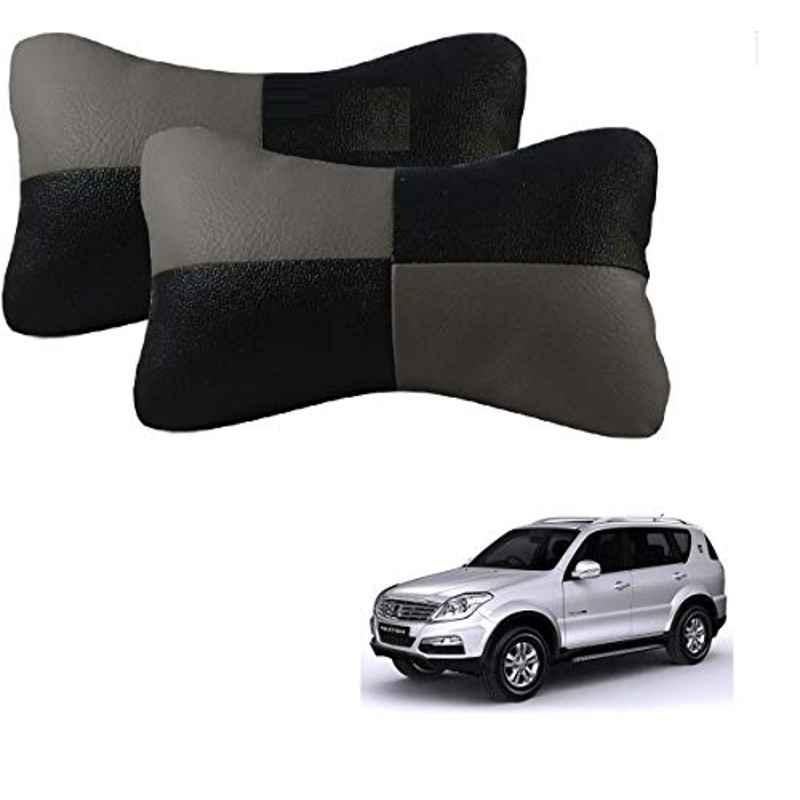 Kozdiko 2 Pcs Leather Grey & Black Neck Rest Car Cushion Pillow Set for Mahindra Rexton