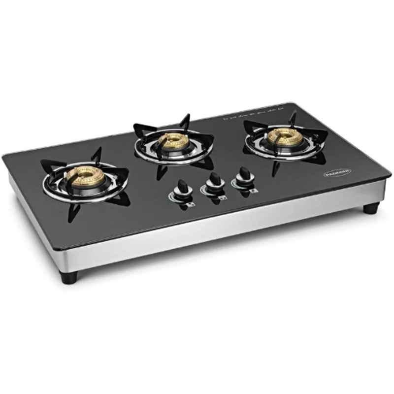 Padmini 3 Burner Stainless Steel Black Manual Ignition Glass Top Gas Stove, 3BR CS-3 GT HS