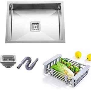 Happy Homes 20x17x10 inch Matt Satin Finish Stainless Steel Single Bowl Modular Kitchen Sink with Square Coupling & Metal Fruit Basket, HH-04