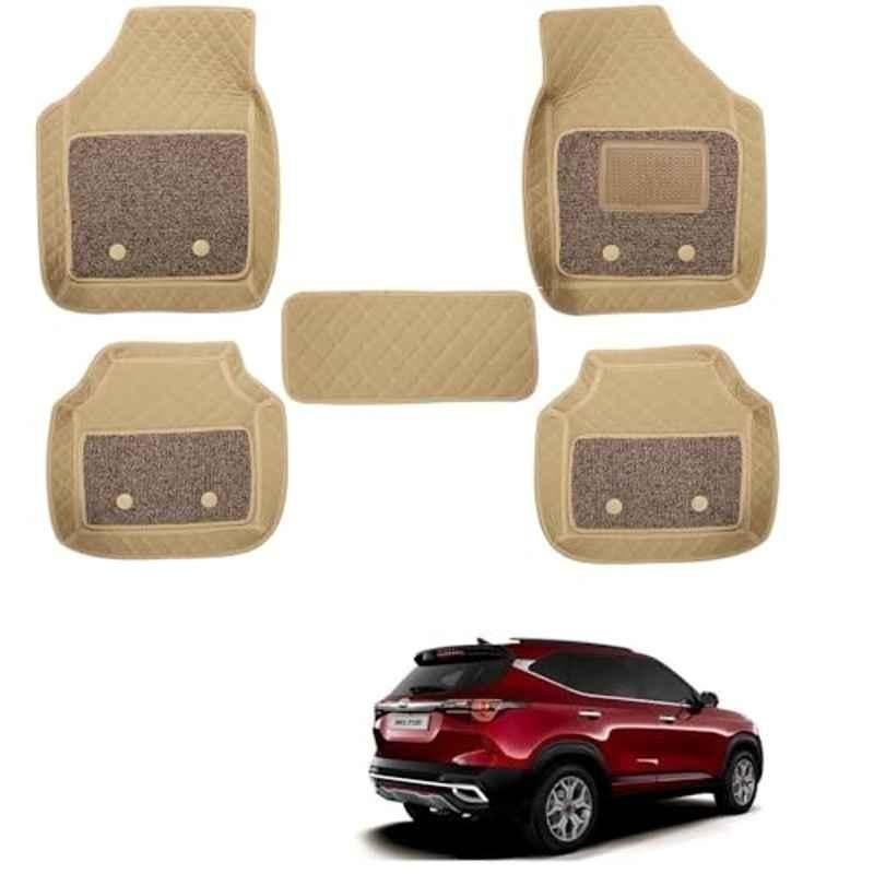 Kozdiko 5 Pcs Waterproof & Luxury 7D Beige Leatherette Car Floor Mats Set for Kia Seltos