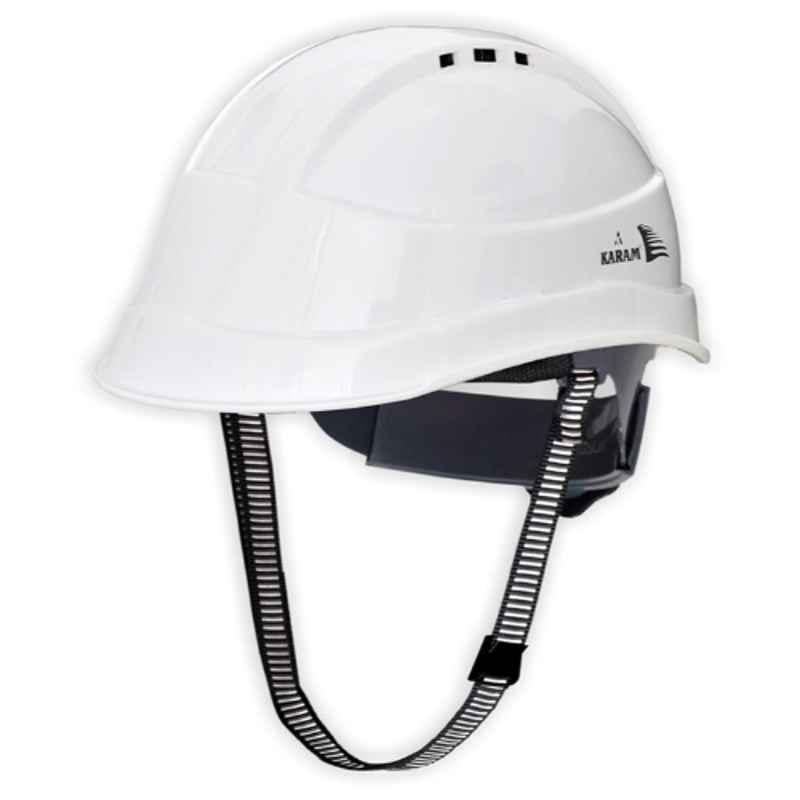 Karam Super White Safety Helmet Shelblast with Peak Plastic Cradle Ratchet Type Adjustment & Chin Strap, PN 542