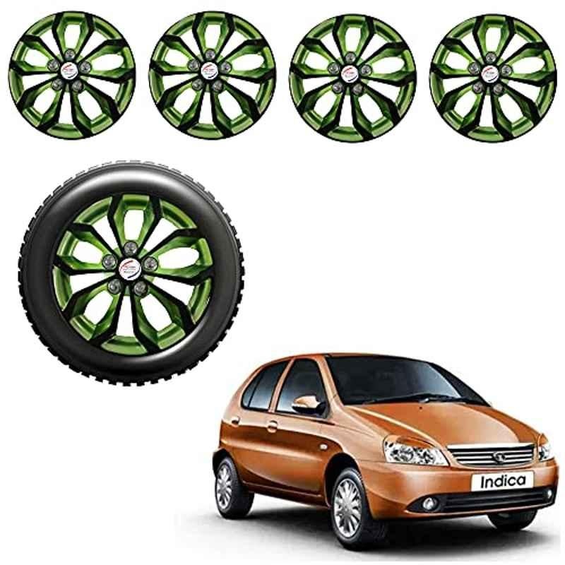 Auto Pearl 4 Pcs 13 inch ABS Black & Green Press Fitting Wheel Cover Set for TATA Indica with Retention Ring
