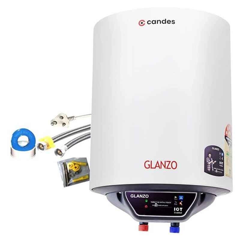 Candes Glanzo 2000W 10L White IOT Enabled Glassline Storage Electric Water Heater with Installation Kit