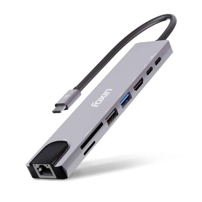 Foxin C Hub 8 5Gbps Metal Grey 8-in-1 USB Hub with 4K HDMI, 100 Mbps RJ45 LAN Ethernet Port