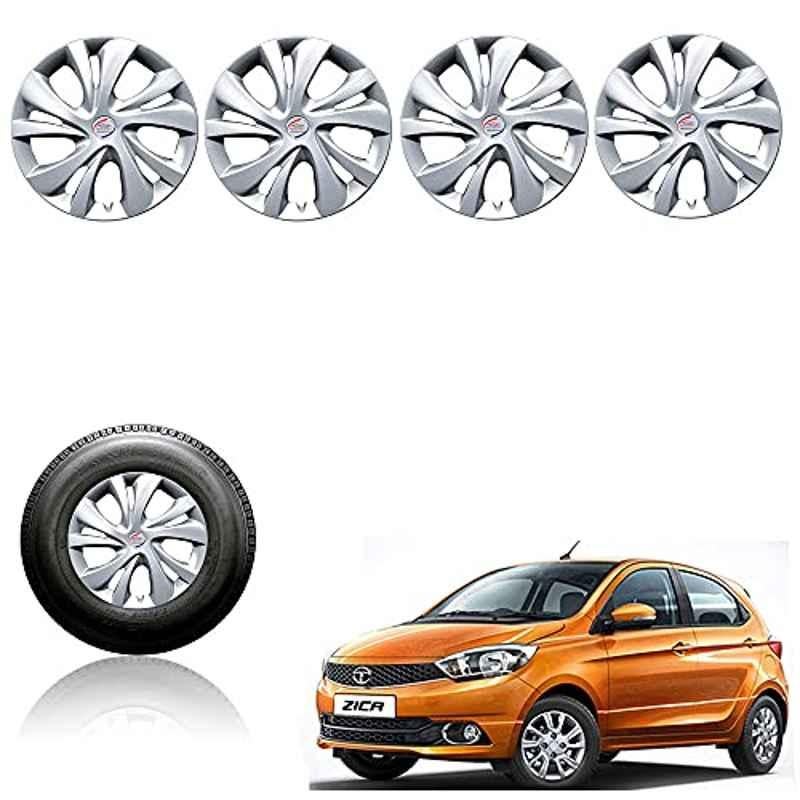 Auto Pearl 4 Pcs 14 inch Plastic Silver Press Fitting Wheel Cover Set for TATA Zica