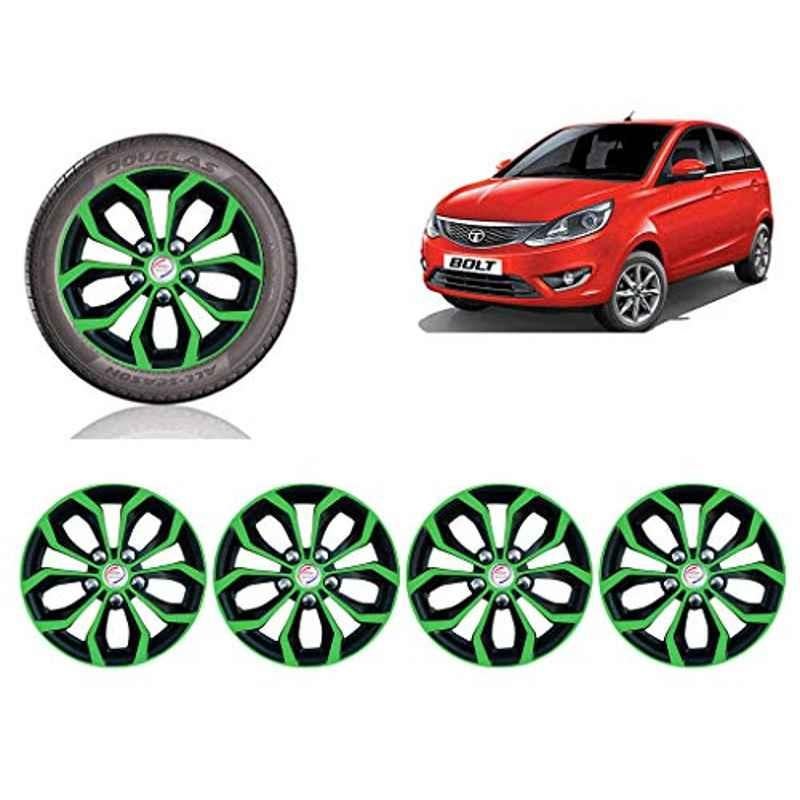 Auto Pearl 4 Pcs 14 inch Black & Green ABS Press Type Hubcap Wheel Cover Set with Retention Ring for Tata BoltExceptXT