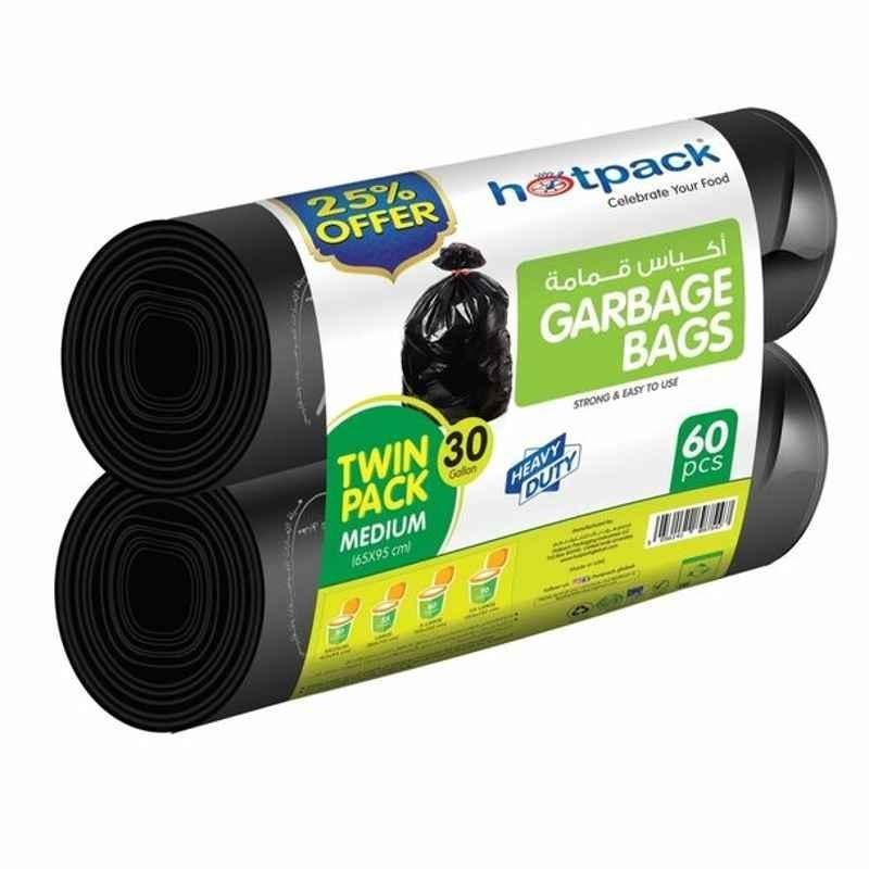 Hotpack Heavy Duty Garbage Bag, OPGBR6595TP, 30 Gallon, M, Black, Twin Pack, 60 Pcs/Pack